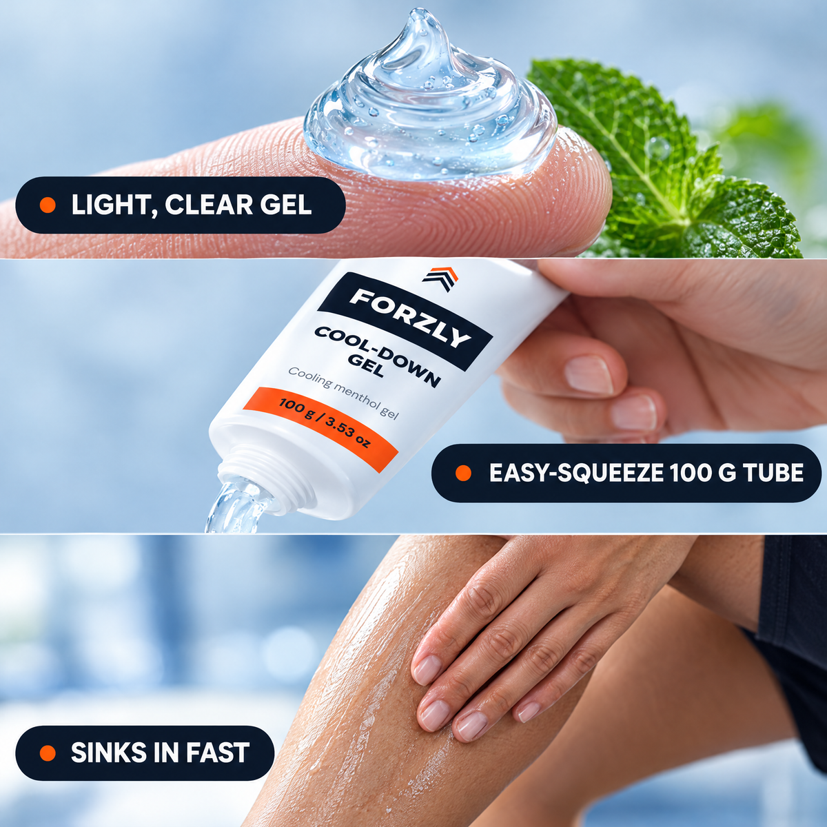 Close-ups: light clear gel, easy-squeeze 100 g tube, sinks in fast