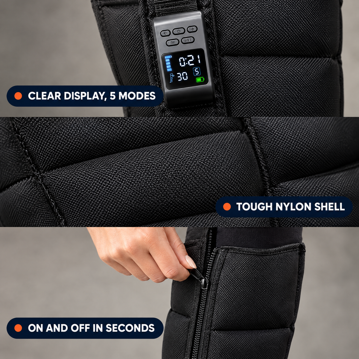Close-ups: clear display with 5 modes, tough nylon shell, easy zipper