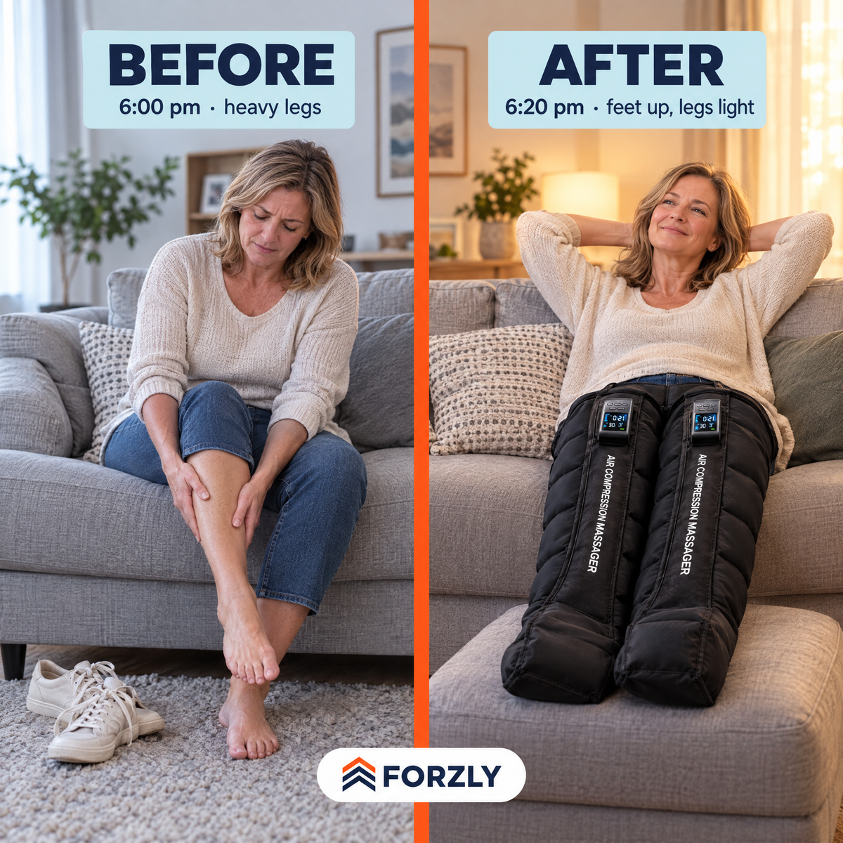 Before 6:00 pm heavy legs, after 6:20 pm feet up and legs light