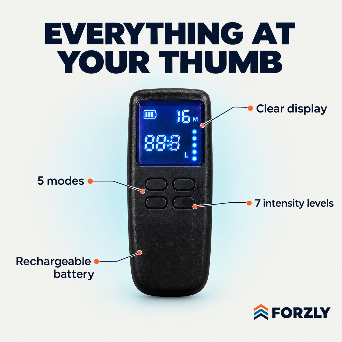Clear display, 5 modes, 7 intensity levels, rechargeable battery