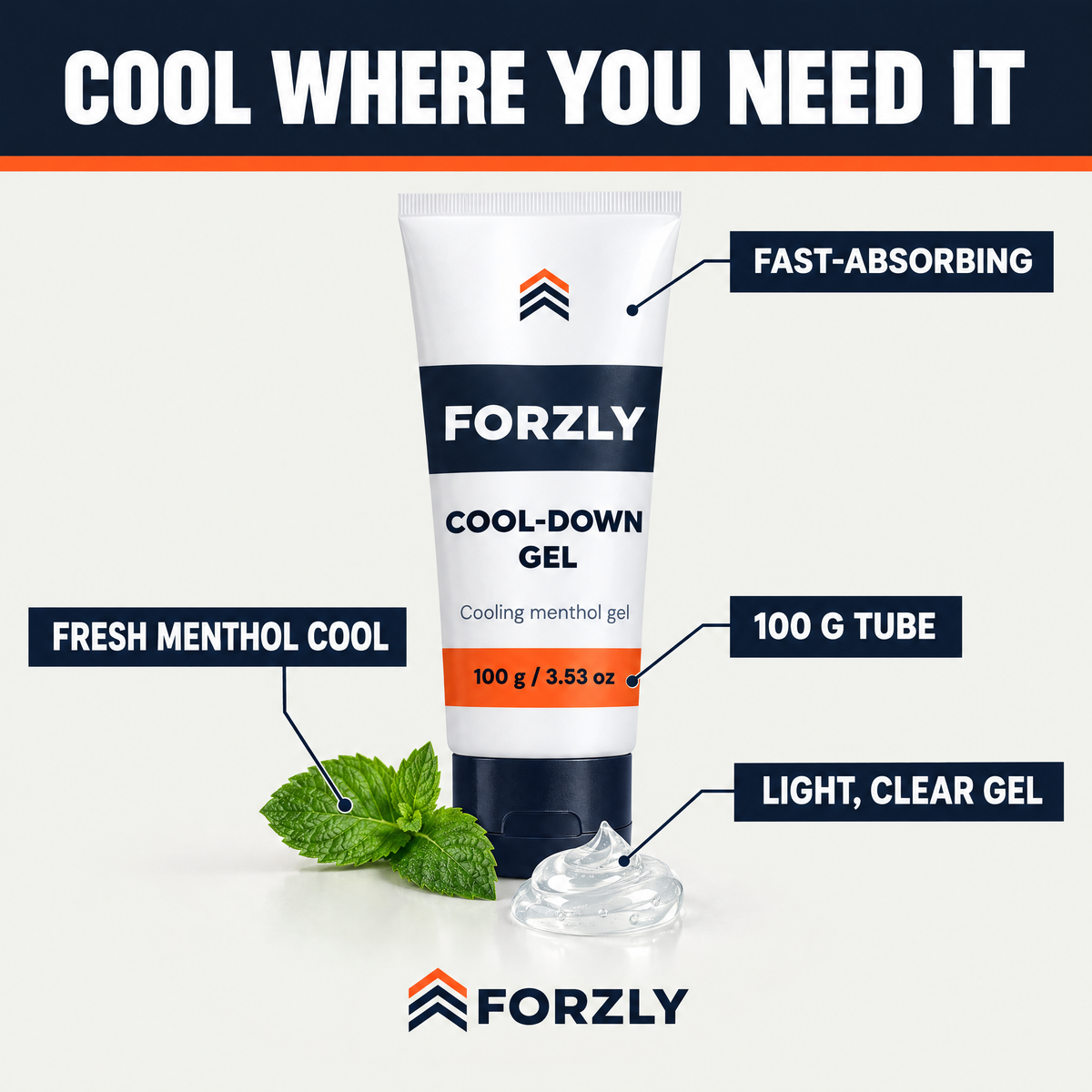 Cool-Down Gel features: fresh menthol cool, light clear gel, fast-absorbing, 100 g tube