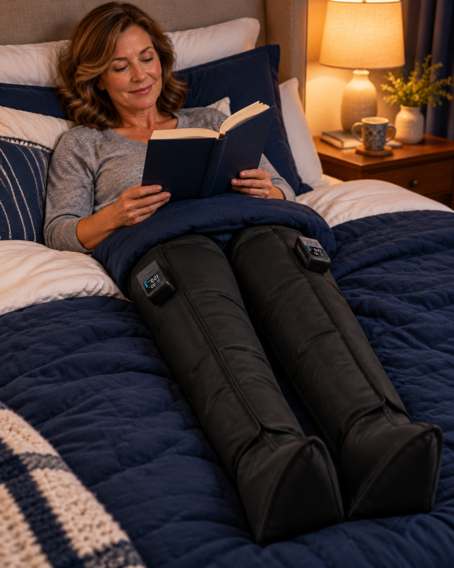Woman reading in bed wearing Forzly UpFlow Boots