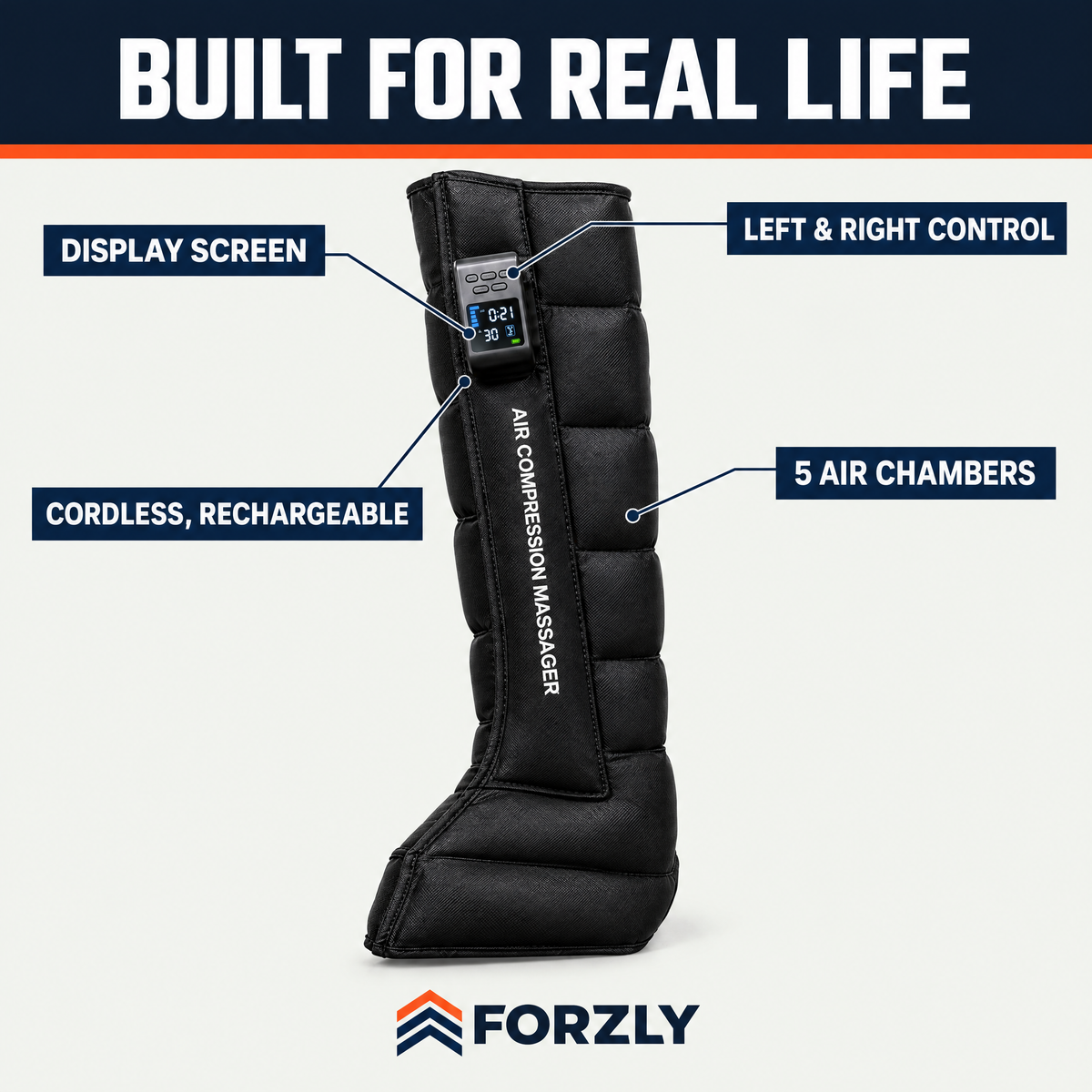 UpFlow Boots features: display screen, 5 air chambers, left and right control, cordless