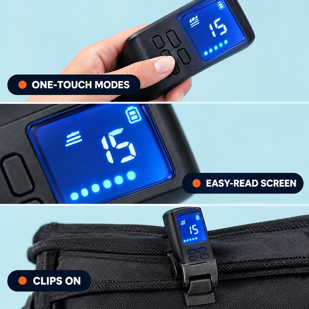 One-touch modes, easy-read screen, clips on